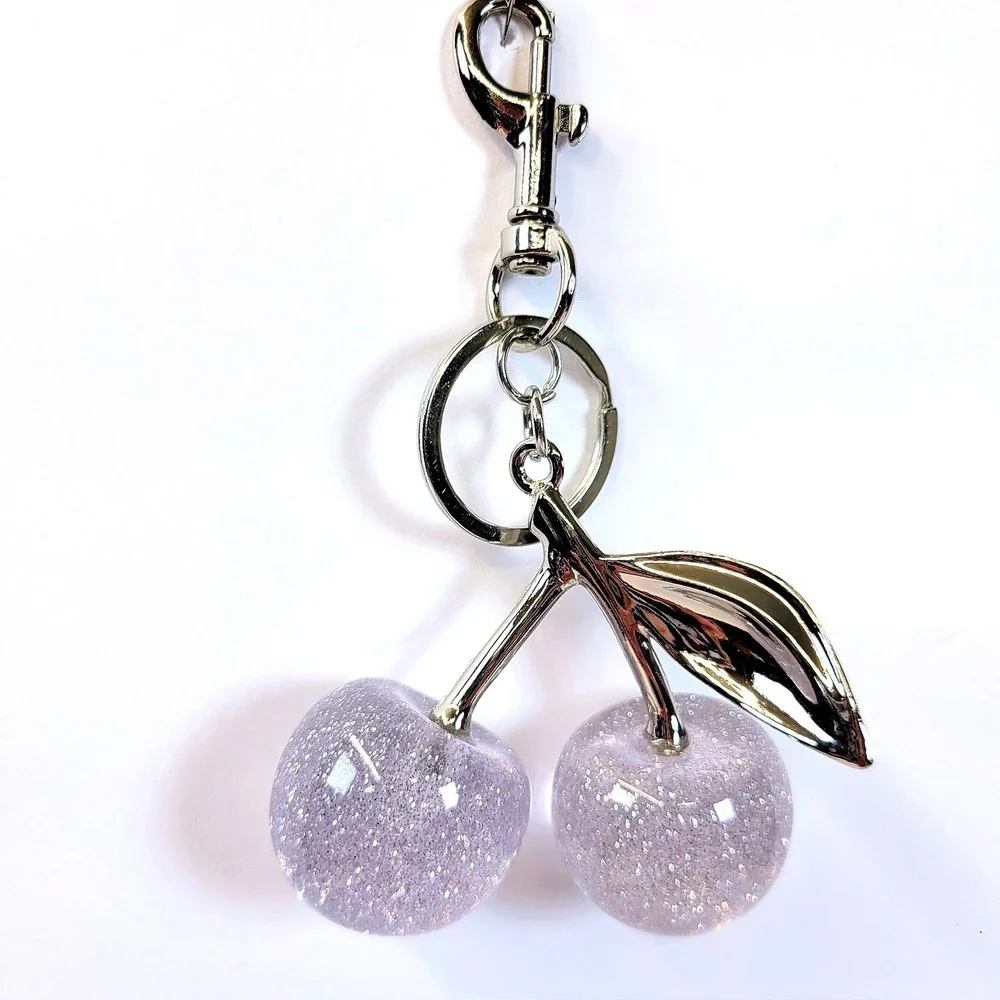 Bag Charm Keychain Glitter Resin Double Cherry Silver Womens Blossom Fairycore